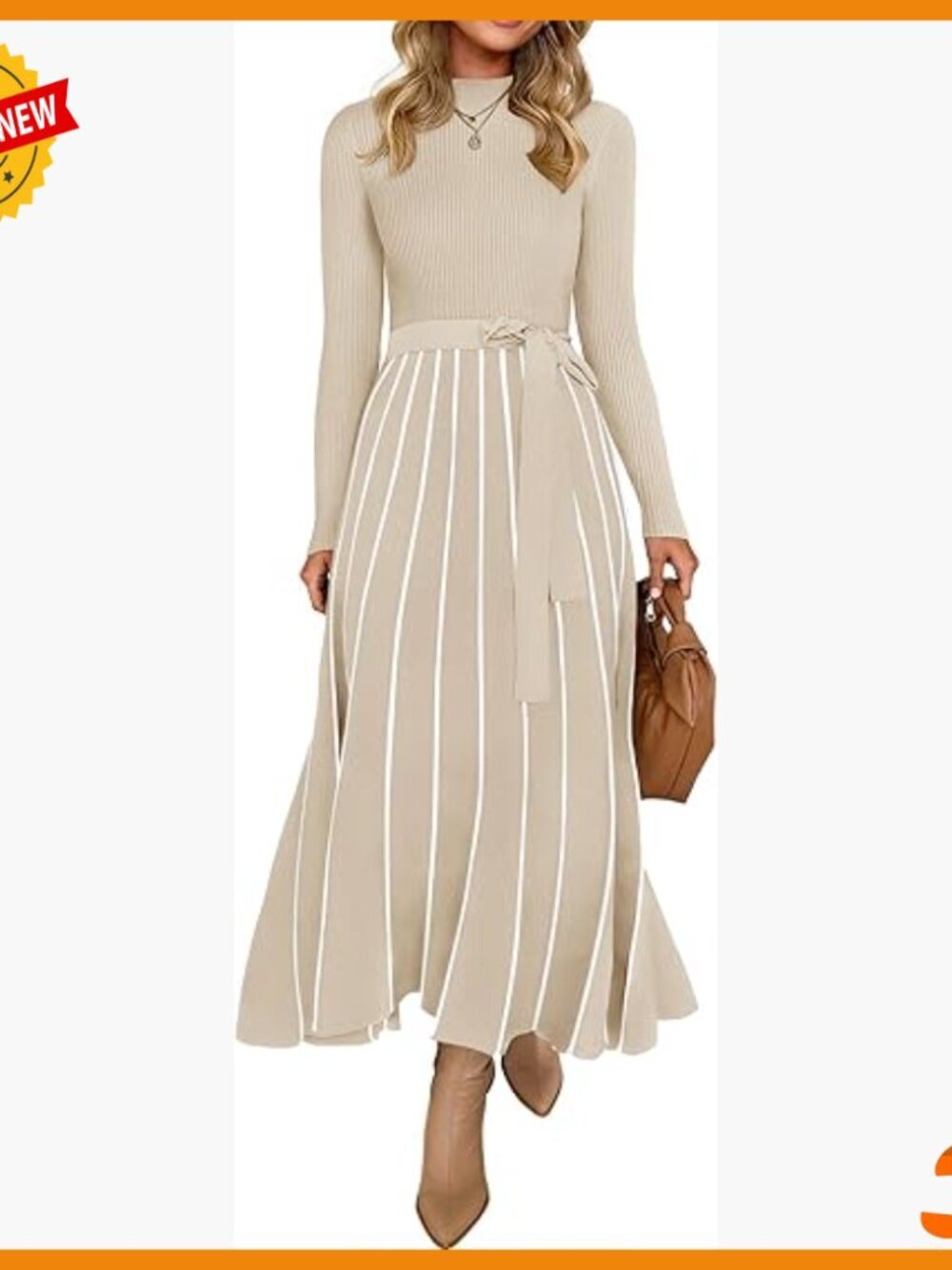 Long Sleeve Turtleneck Sweater Dress Tie Waist Ribbed Knit Midi Casual